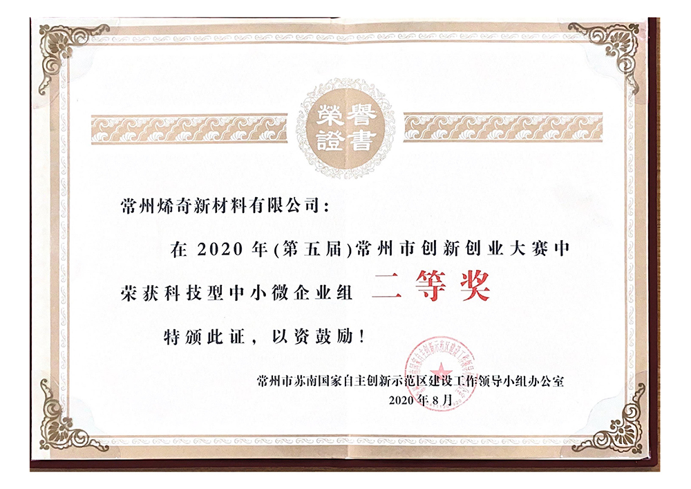 2020年常州市创新创业大赛二等奖——证书